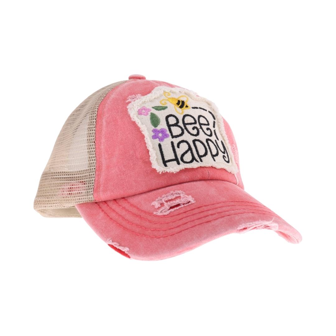 Embroidered Bee Happy Patch C.C High Pony Criss Cross Ball Cap BT1002