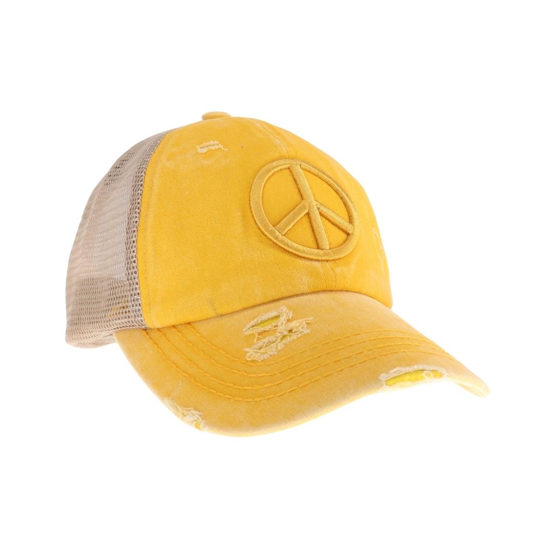 Distressed Embroidered Peace Sign Criss Cross High Pony C.C Ball Cap BT1017