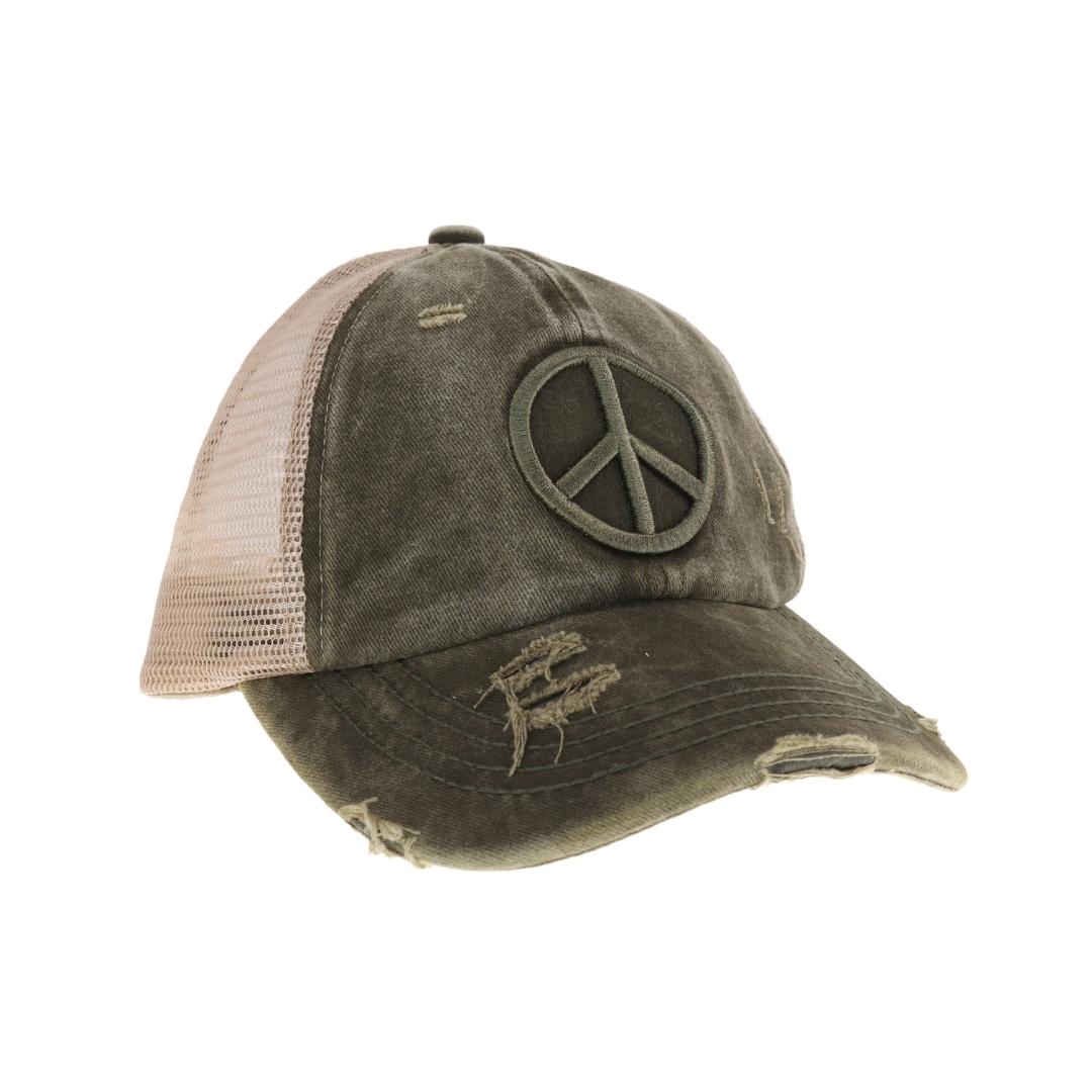 Distressed Embroidered Peace Sign Criss Cross High Pony C.C Ball Cap BT1017