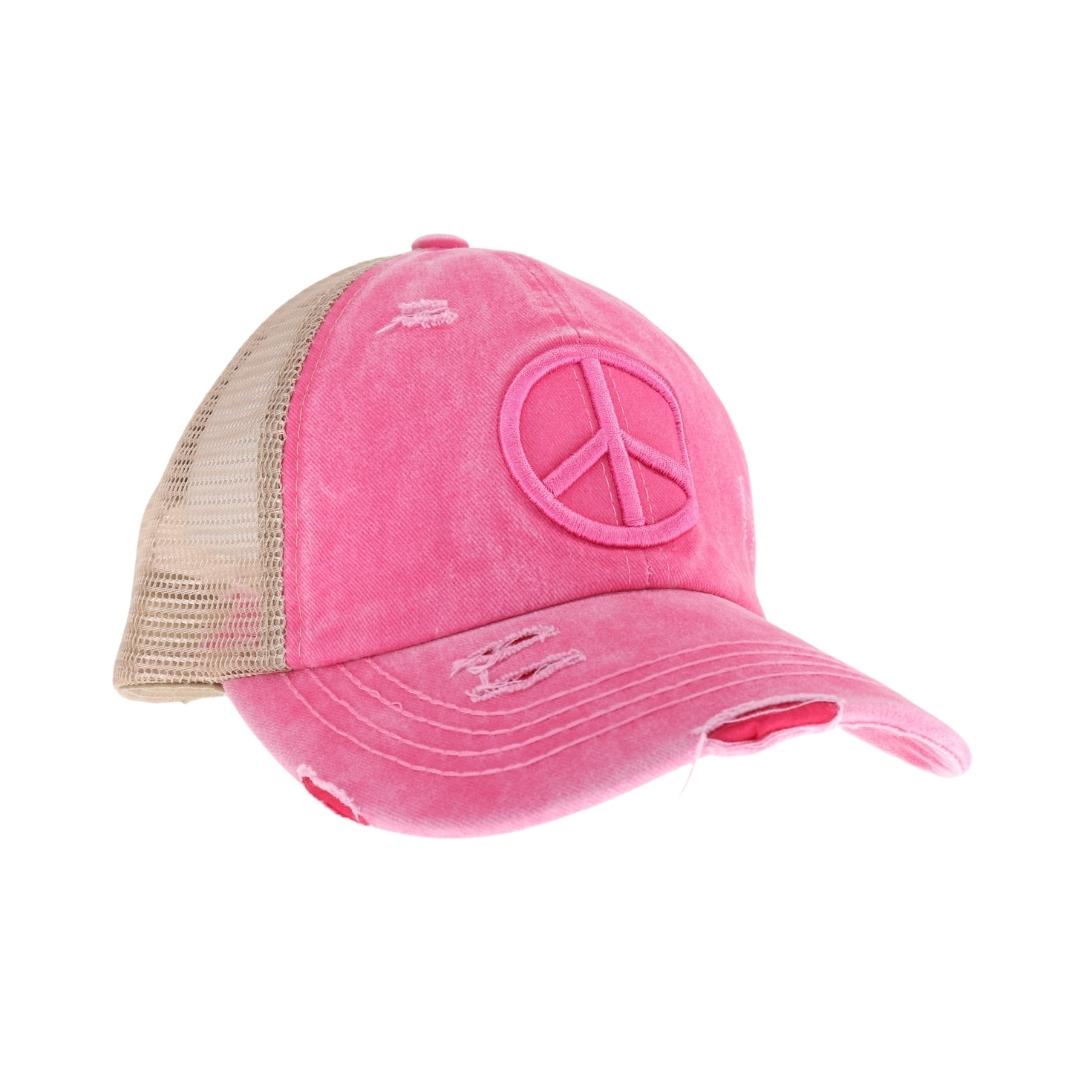 Distressed Embroidered Peace Sign Criss Cross High Pony C.C Ball Cap BT1017