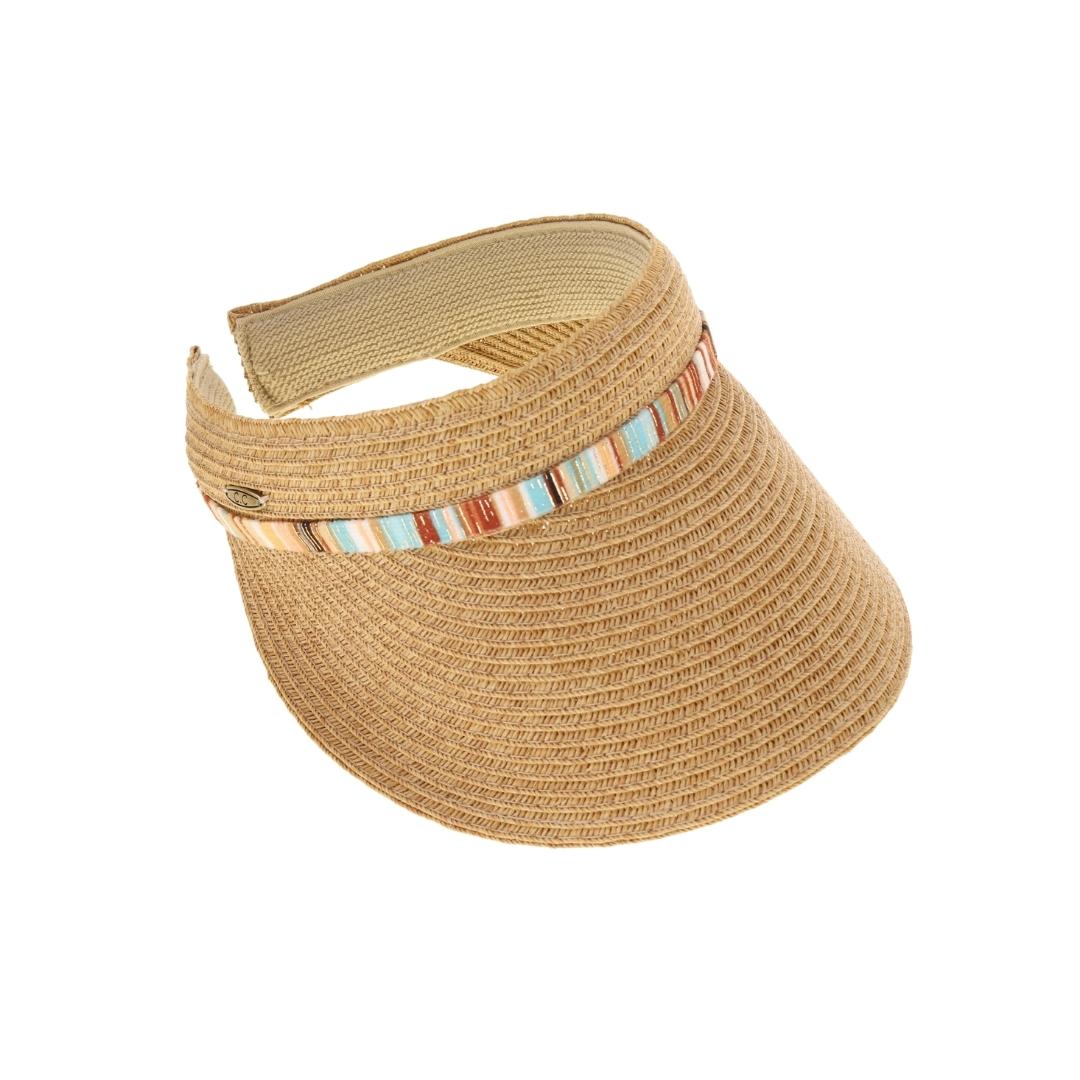 Multi Colored Trim Band C.C Straw Sun Visor SV1005