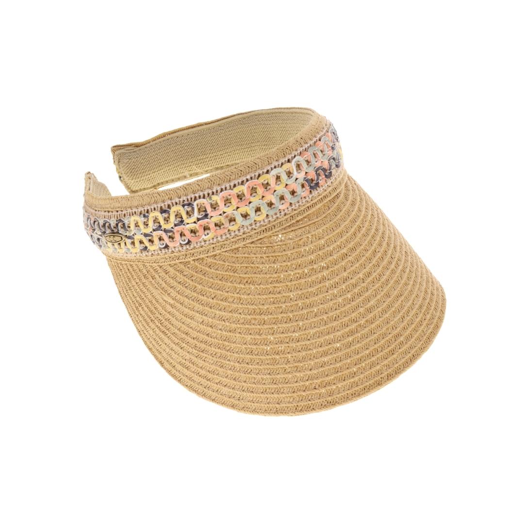 Colorful Cutout Faux Leather Band C.C Straw Sun Visor SV1006