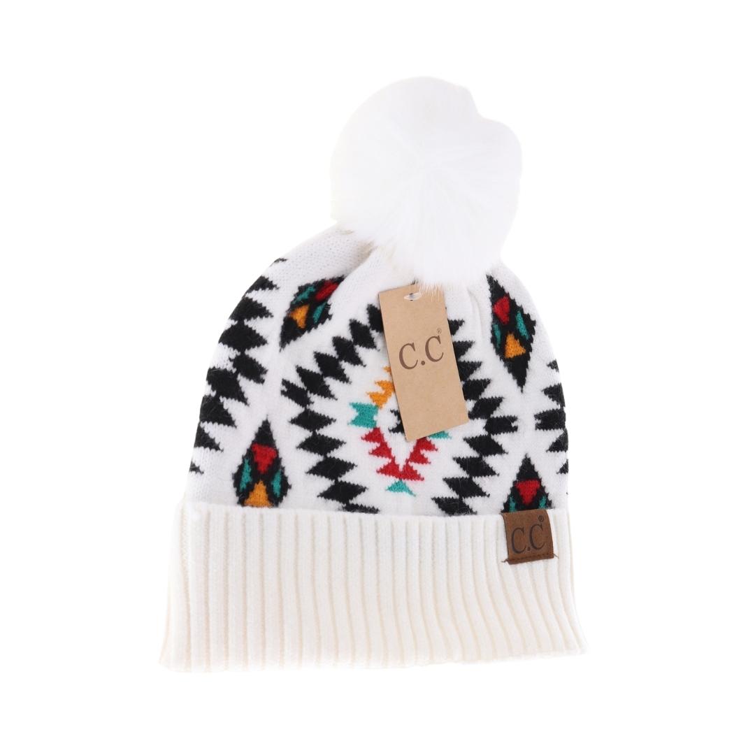 Aztec Patterned Faux Fur Pom C.C Beanie HAT3001