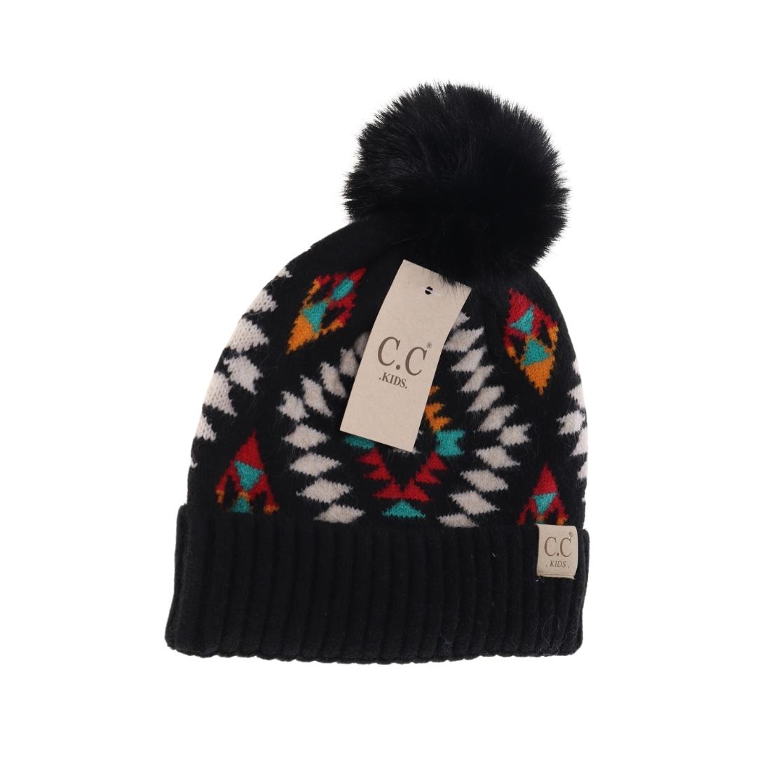 KIDS Aztec Patterned Faux Fur Pom C.C Beanie KIDS3001