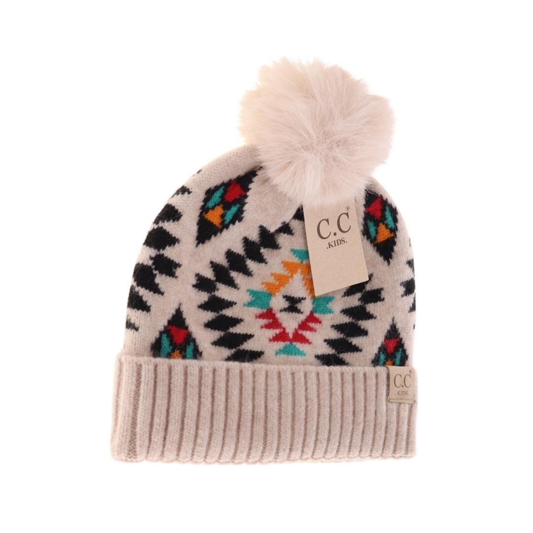 KIDS Aztec Patterned Faux Fur Pom C.C Beanie KIDS3001