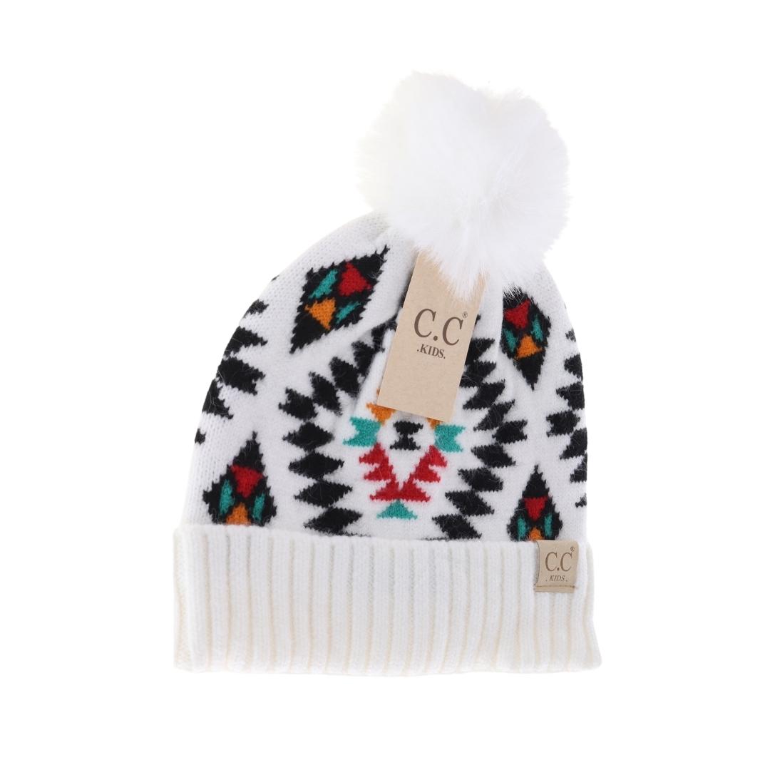 KIDS Aztec Patterned Faux Fur Pom C.C Beanie KIDS3001