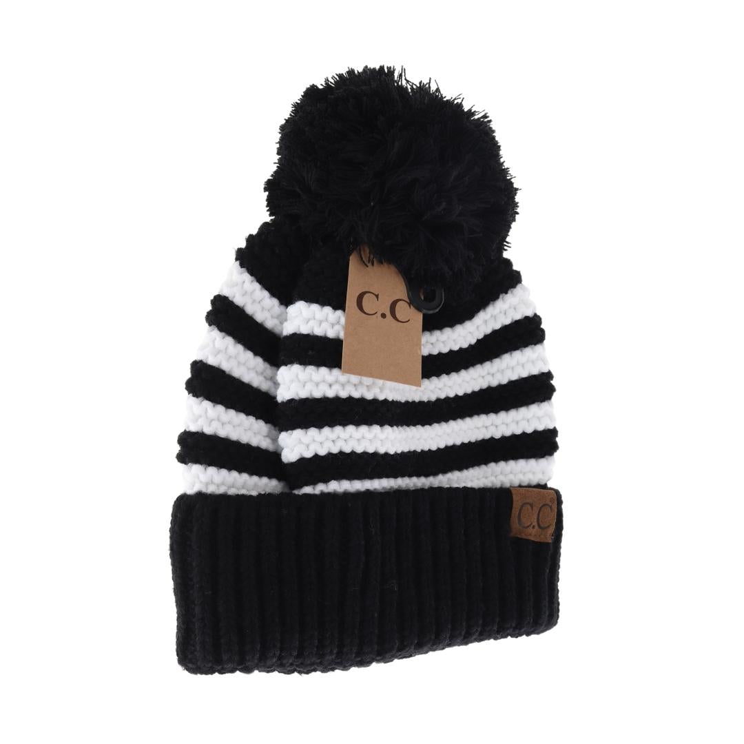 Knit Pom Striped C.C Beanie YJ1008