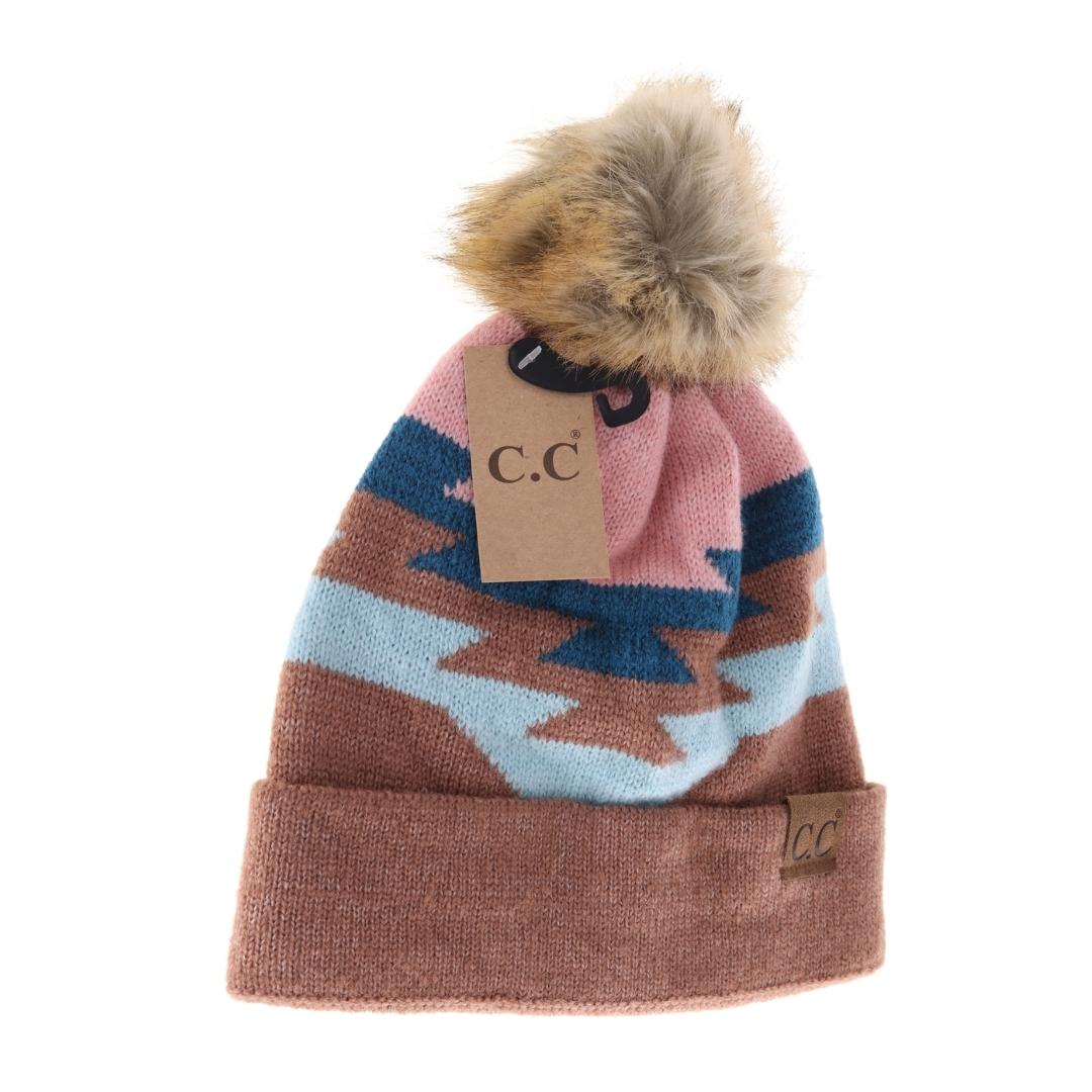 Aztec Natural Faux Fur Pom C.C Beanie YJ1000