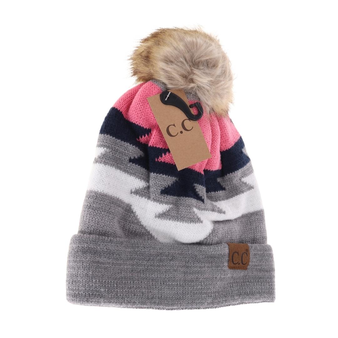 Aztec Natural Faux Fur Pom C.C Beanie YJ1000