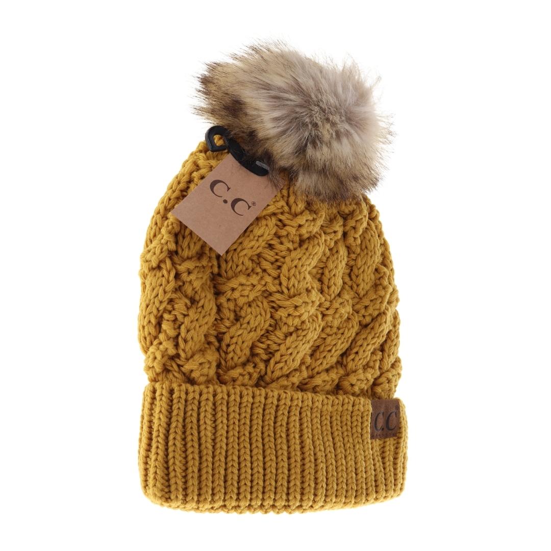 Ribbed Cable Knit Fur Pom Beanie YJ2021