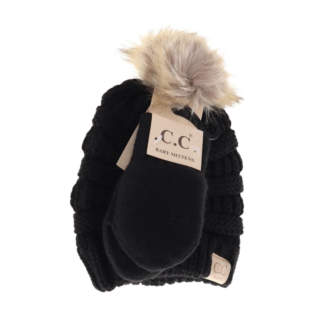 BABY Solid Knit Faux Fur Pom C.C Beanie with Mitten SET BABYSET3