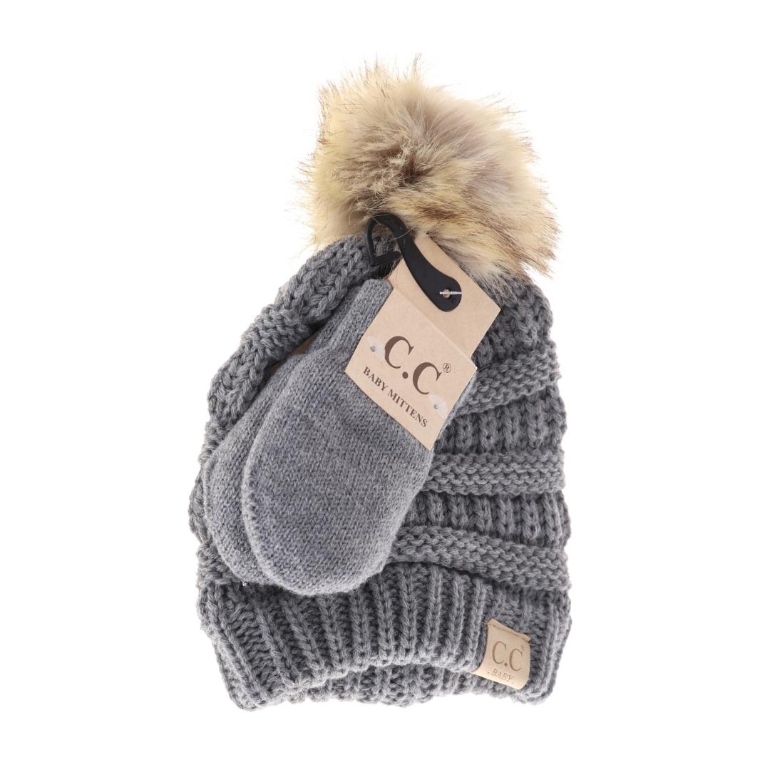 BABY Solid Knit Faux Fur Pom C.C Beanie with Mitten SET BABYSET3