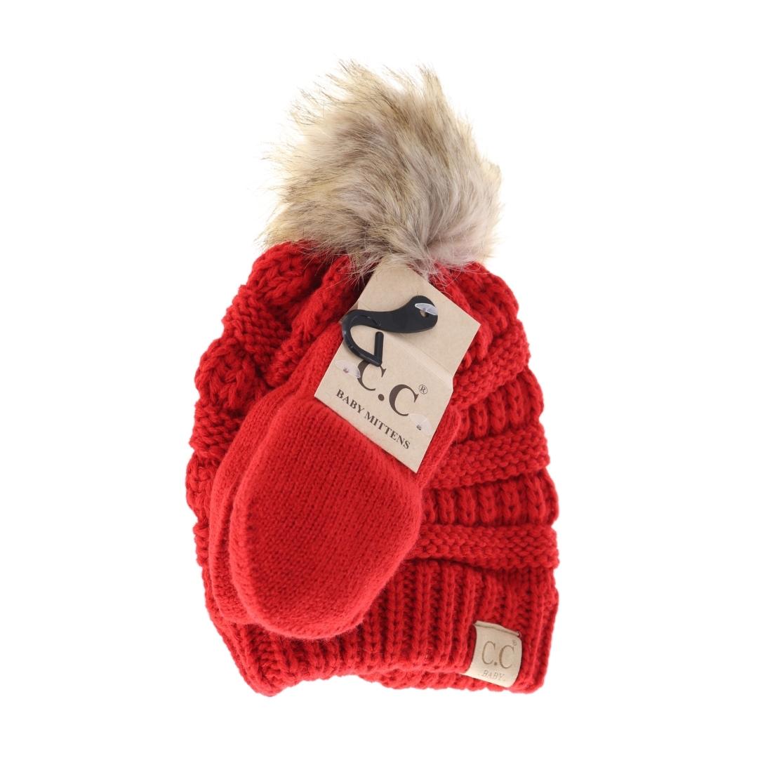 BABY Solid Knit Faux Fur Pom C.C Beanie with Mitten SET BABYSET3