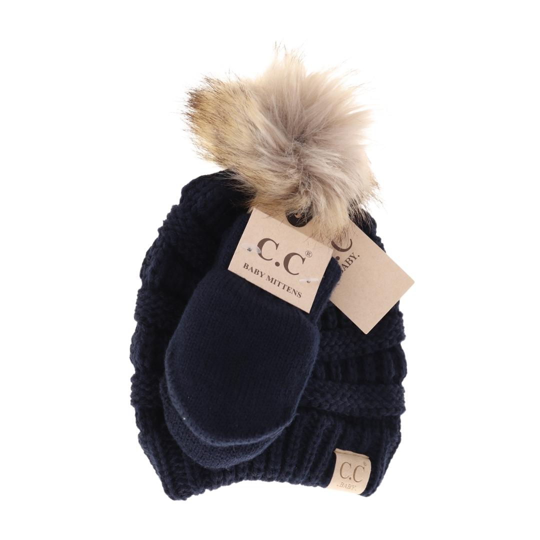 BABY Solid Knit Faux Fur Pom C.C Beanie with Mitten SET BABYSET3