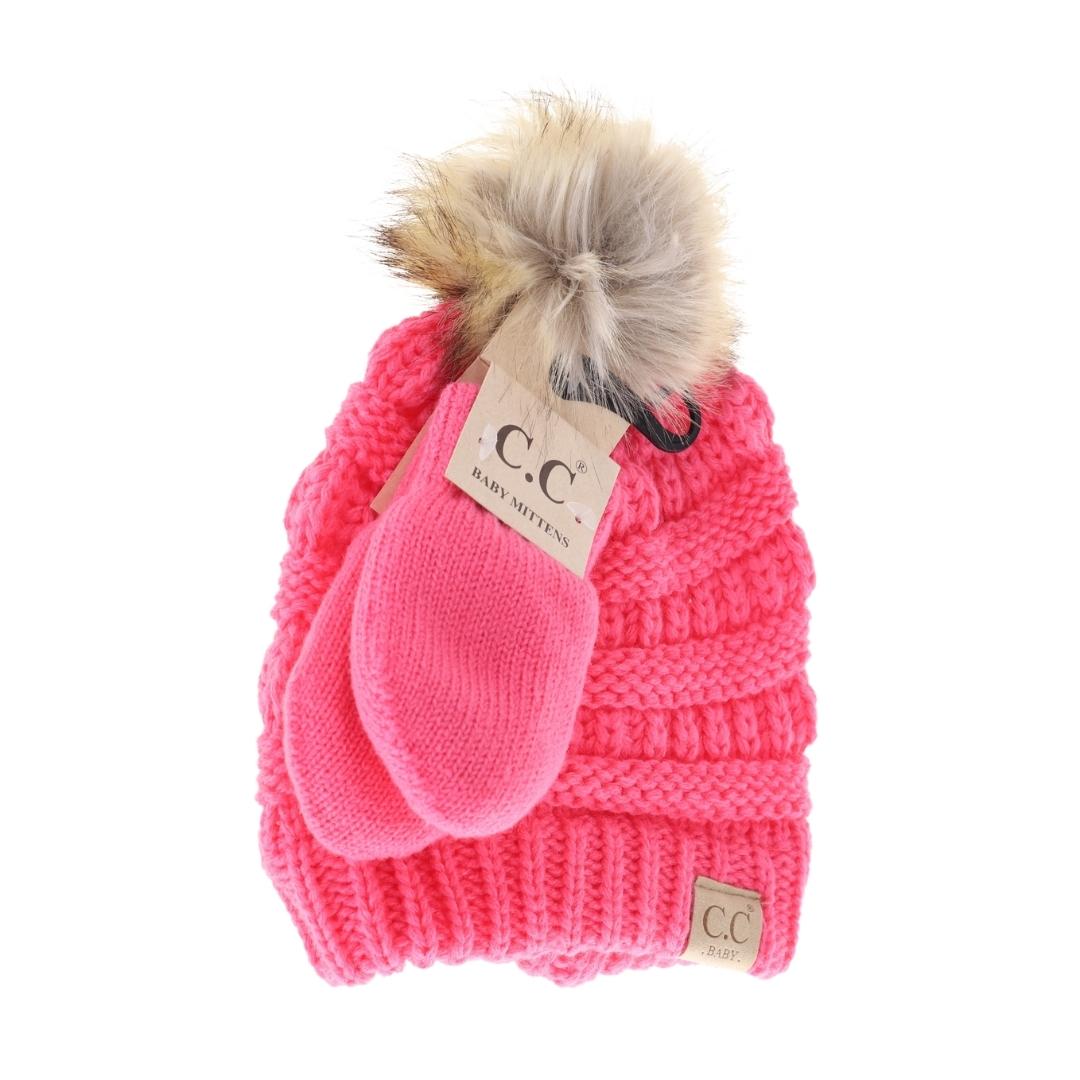 BABY Solid Knit Faux Fur Pom C.C Beanie with Mitten SET BABYSET3