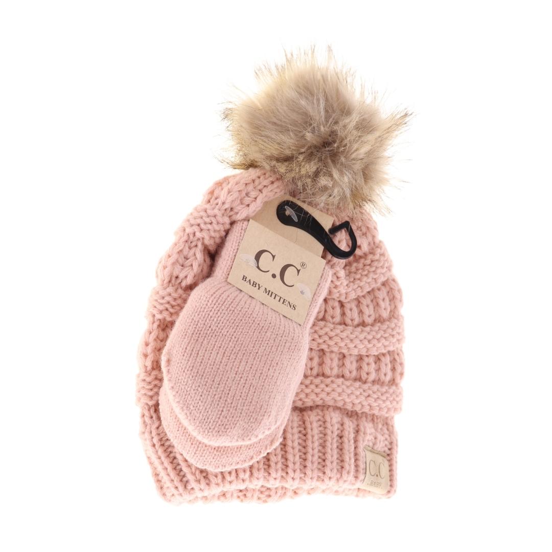 BABY Solid Knit Faux Fur Pom C.C Beanie with Mitten SET BABYSET3