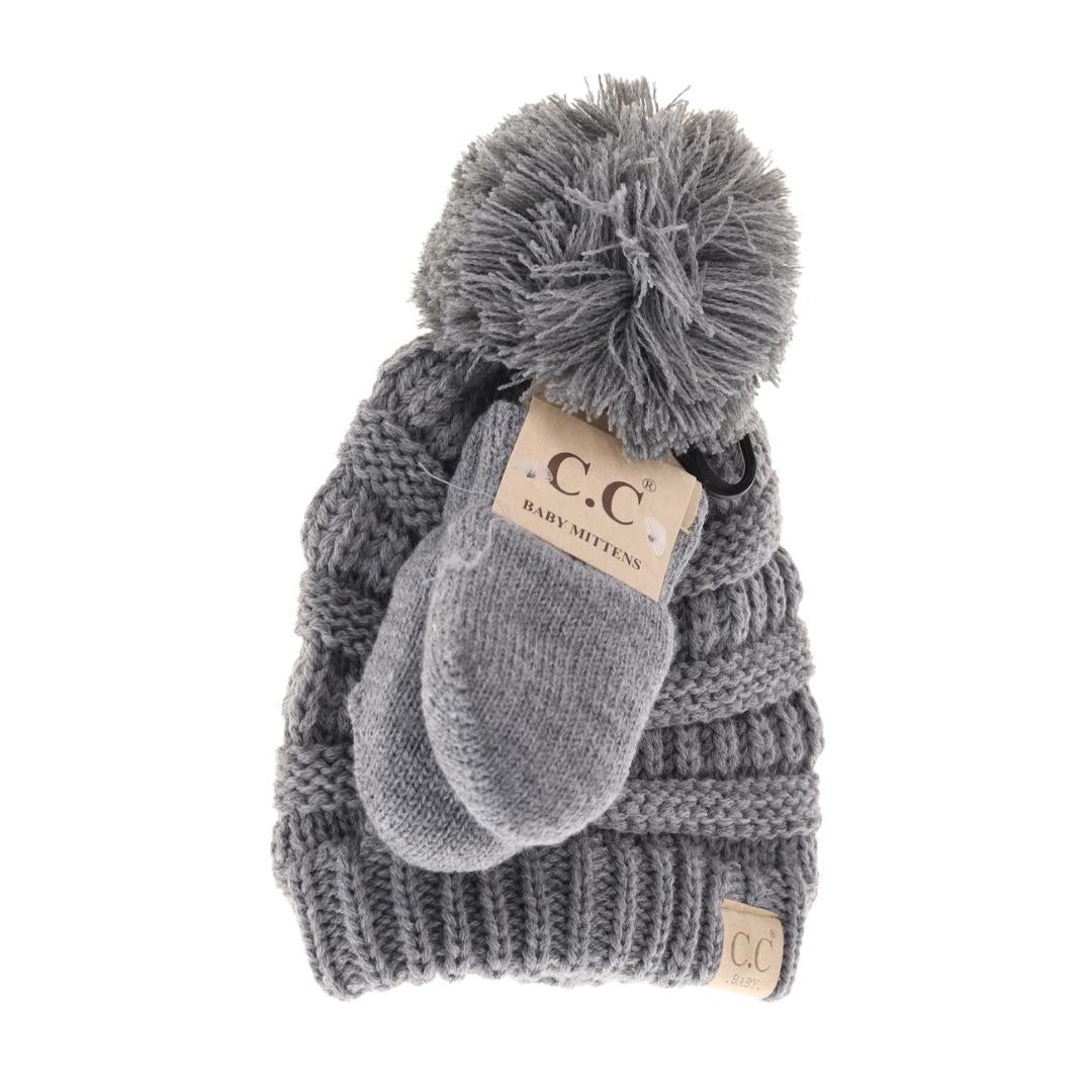 BABY Solid Knit Pom C.C Beanie with Mitten SET BABYSET2