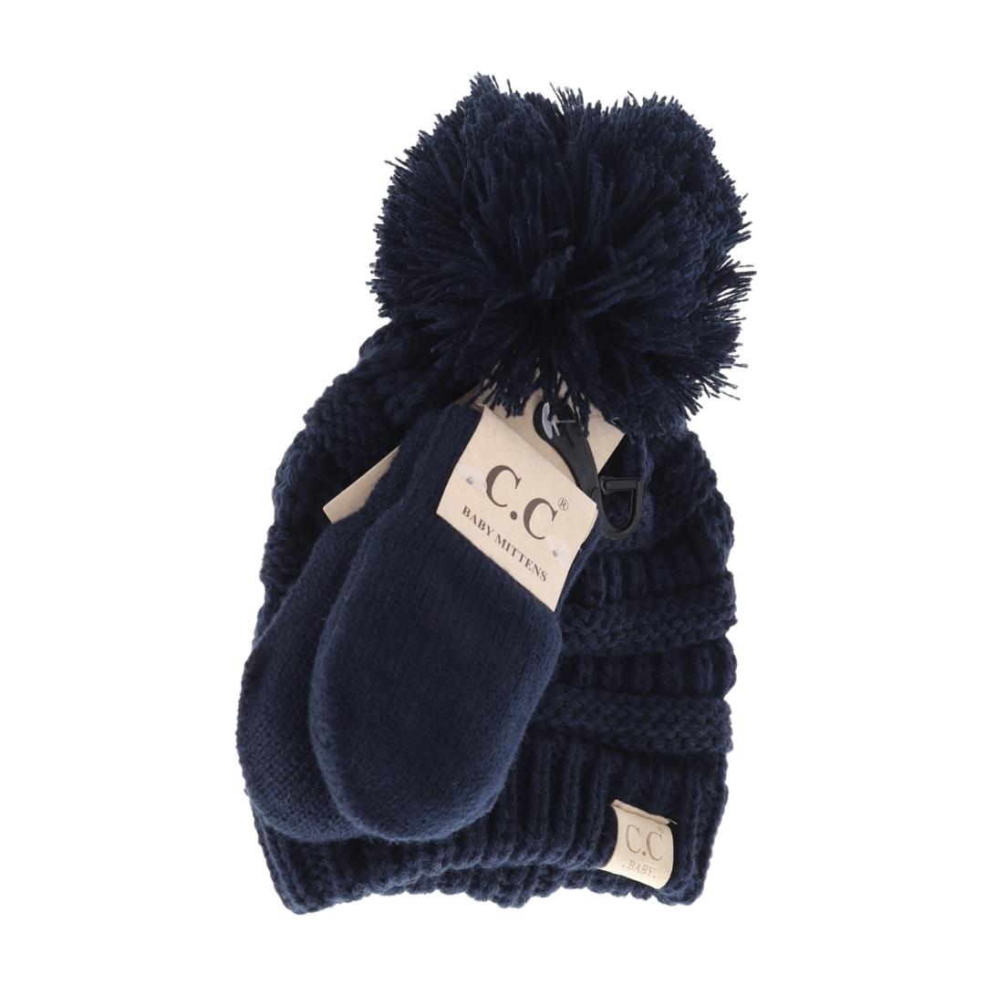 BABY Solid Knit Pom C.C Beanie with Mitten SET BABYSET2