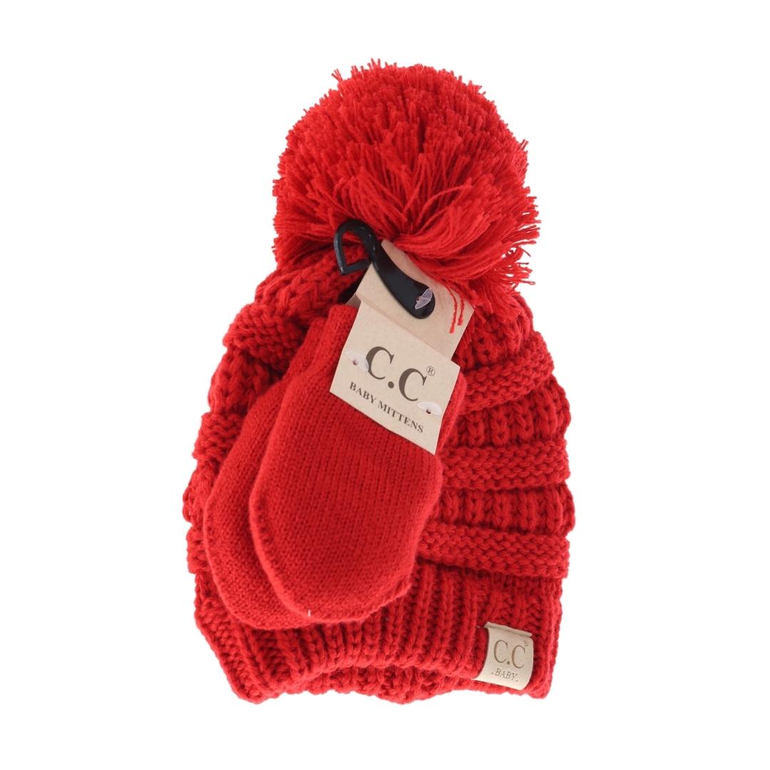 BABY Solid Knit Pom C.C Beanie with Mitten SET BABYSET2