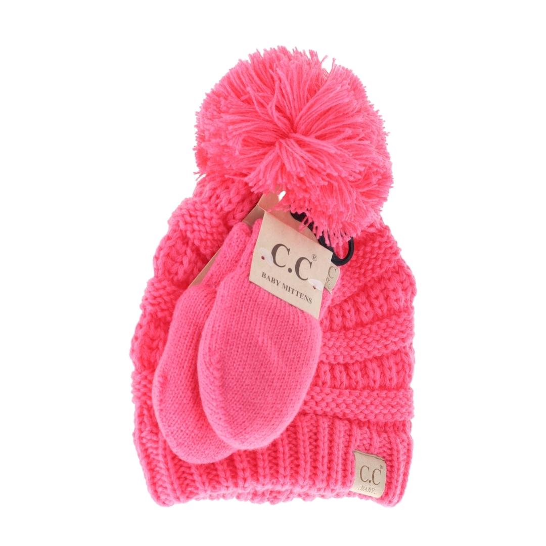 BABY Solid Knit Pom C.C Beanie with Mitten SET BABYSET2