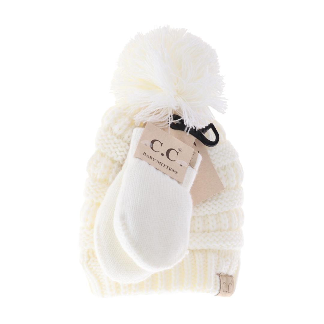 BABY Solid Knit Pom C.C Beanie with Mitten SET BABYSET2