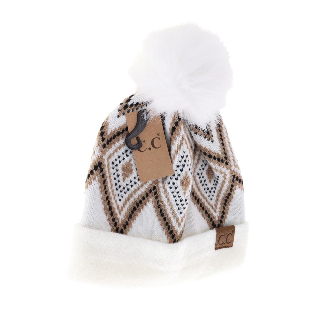 Diamond Geometric Pattern Faux Fur Pom C.C Beanie YJ1001