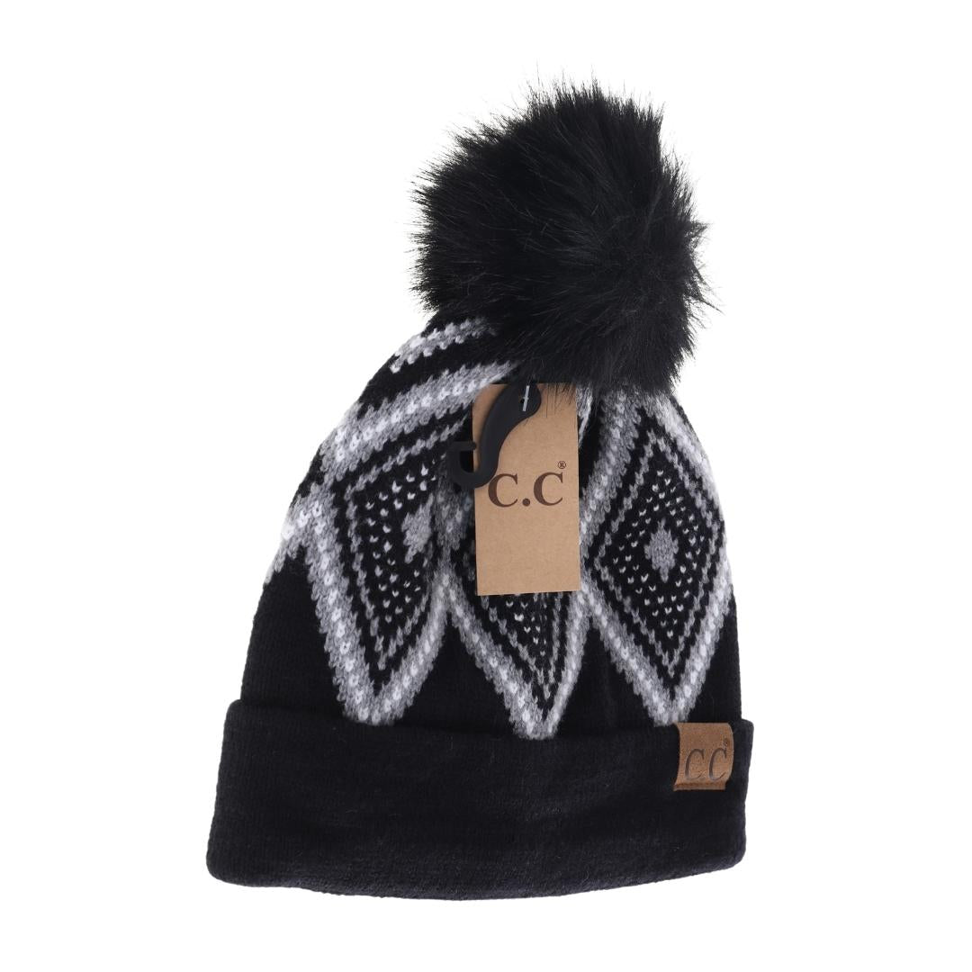 Diamond Geometric Pattern Faux Fur Pom C.C Beanie YJ1001