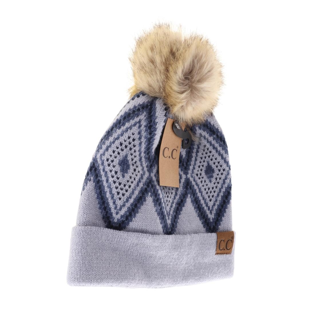 Diamond Geometric Pattern Faux Fur Pom C.C Beanie YJ1001