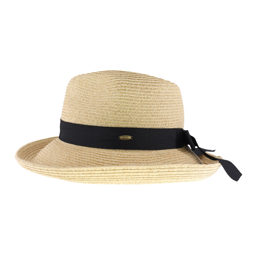 Two-Tone Heathered Bow Trim Rolled C.C Panama Hat STH10