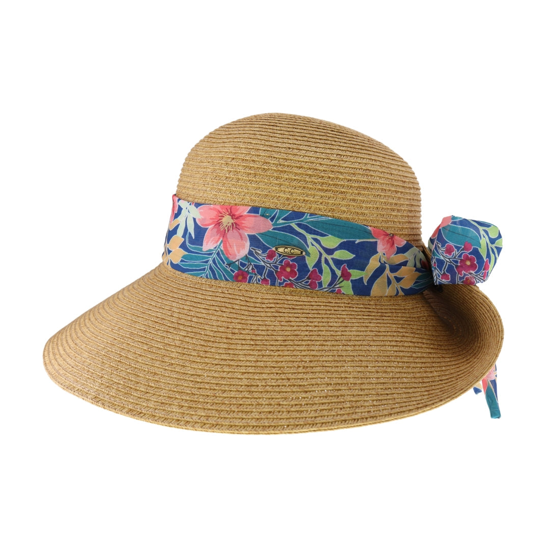 Tropical Print Ribbon Trim Rolled C.C Sun Hat STH14