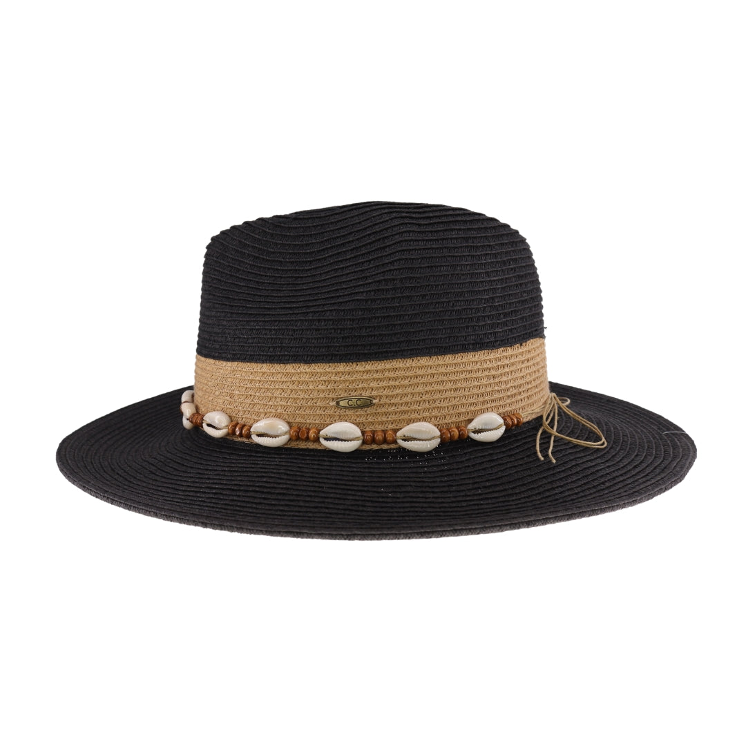 Two-Tone Shell & Wood Bead Trim C.C Panama Hat STH02