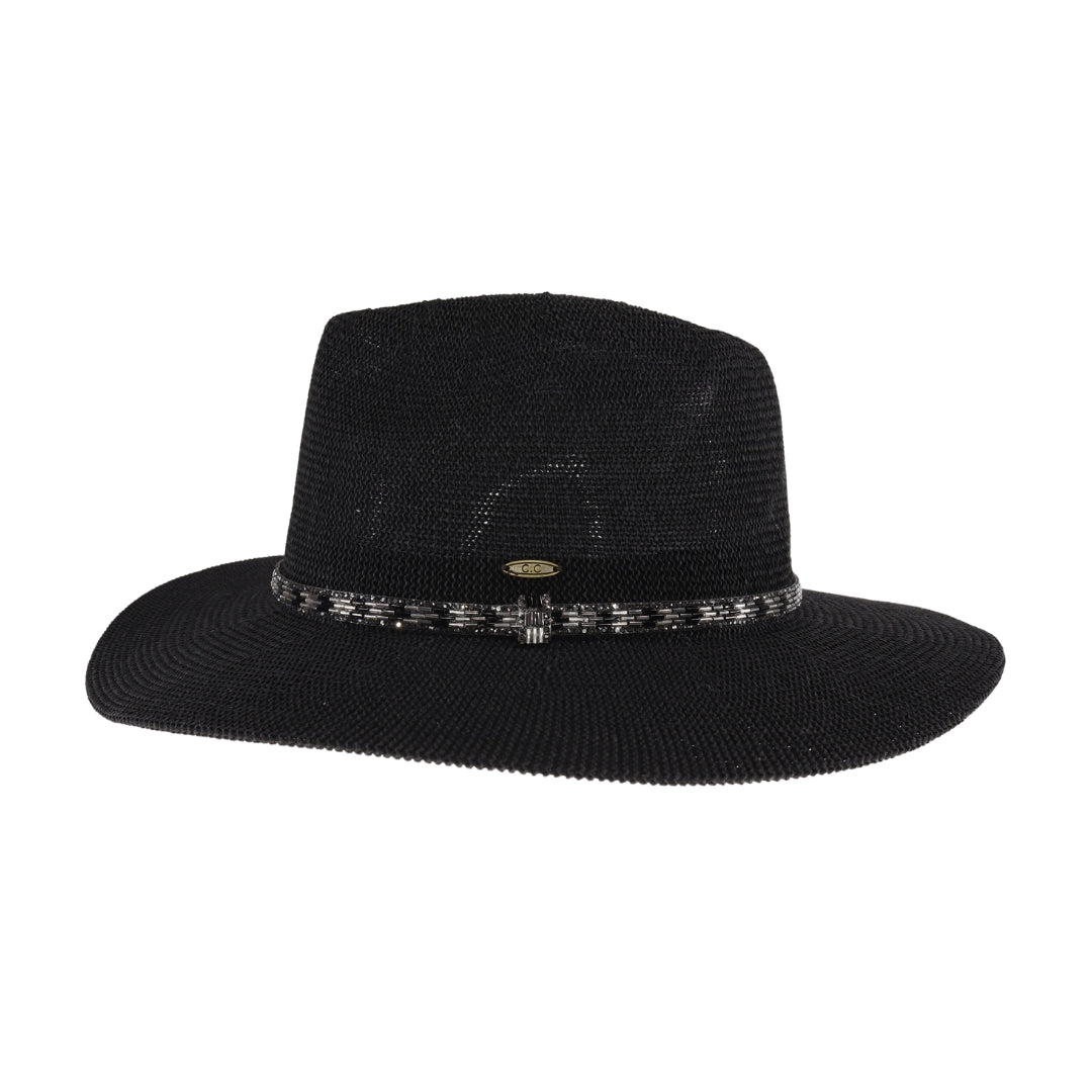 Knit Rhinestone Bugle Bead Trim C.C Panama Hat KP017