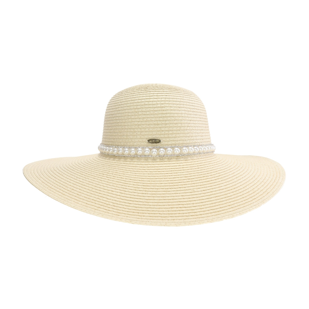 Wide Brim Pearl Embellished C.C Panama Hat STI03