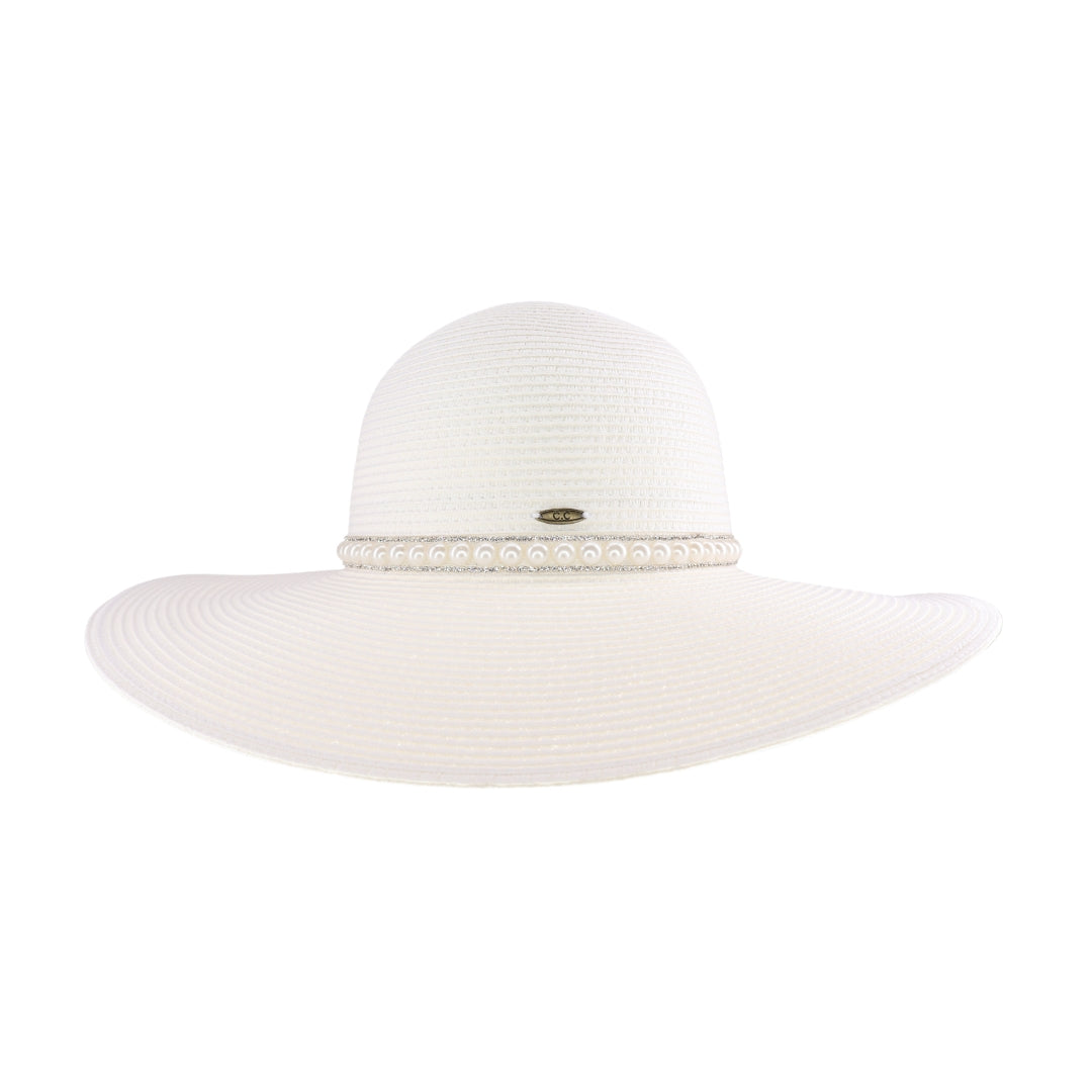 Wide Brim Pearl Embellished C.C Panama Hat STI03