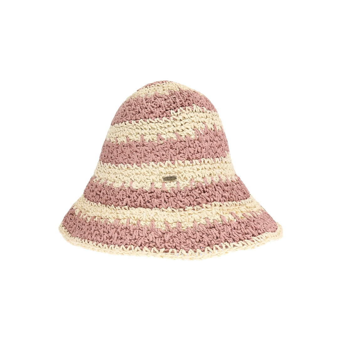 Broad Striped Paper Straw Hand Crochet C.C Bucket Hat ST4245