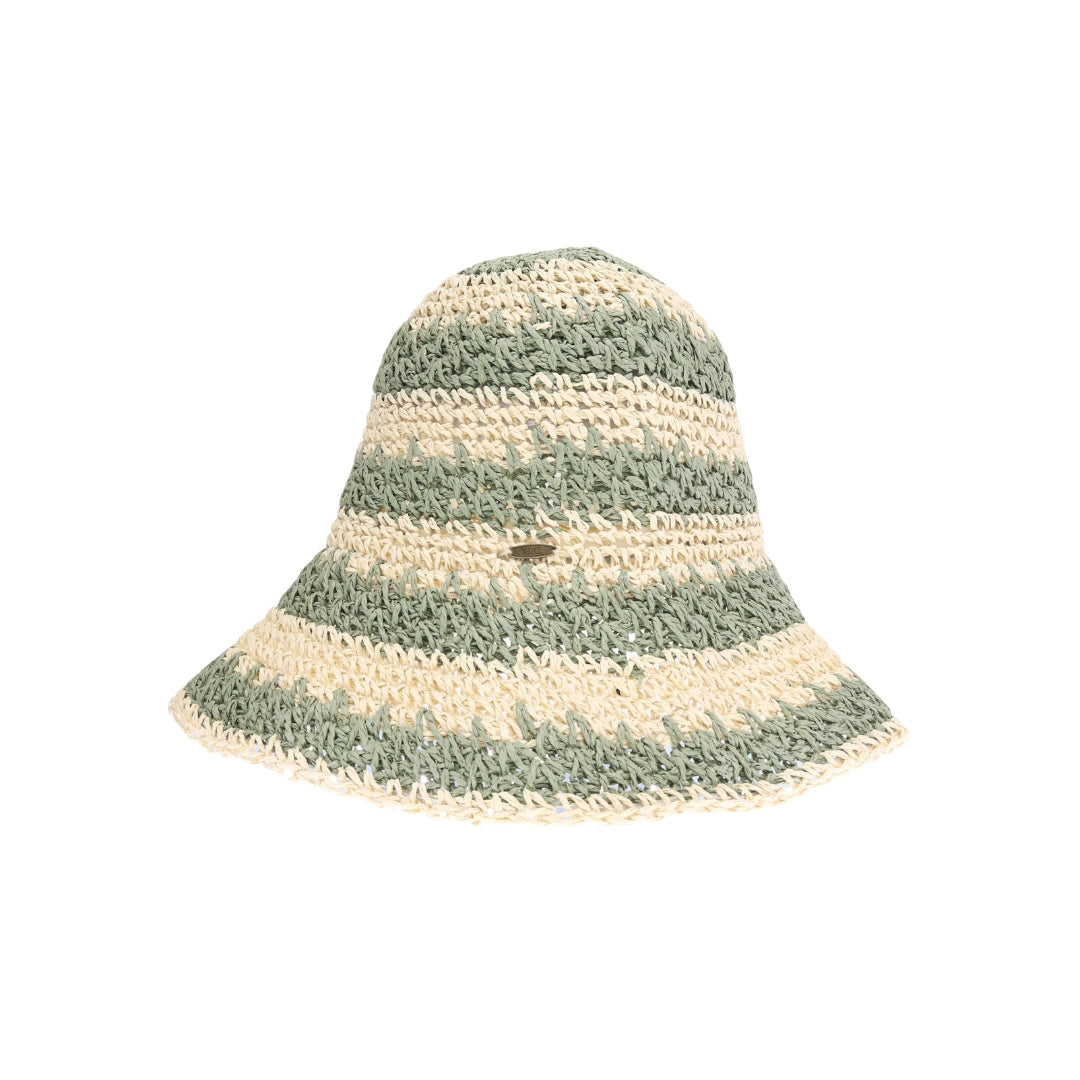 Broad Striped Paper Straw Hand Crochet C.C Bucket Hat ST4245