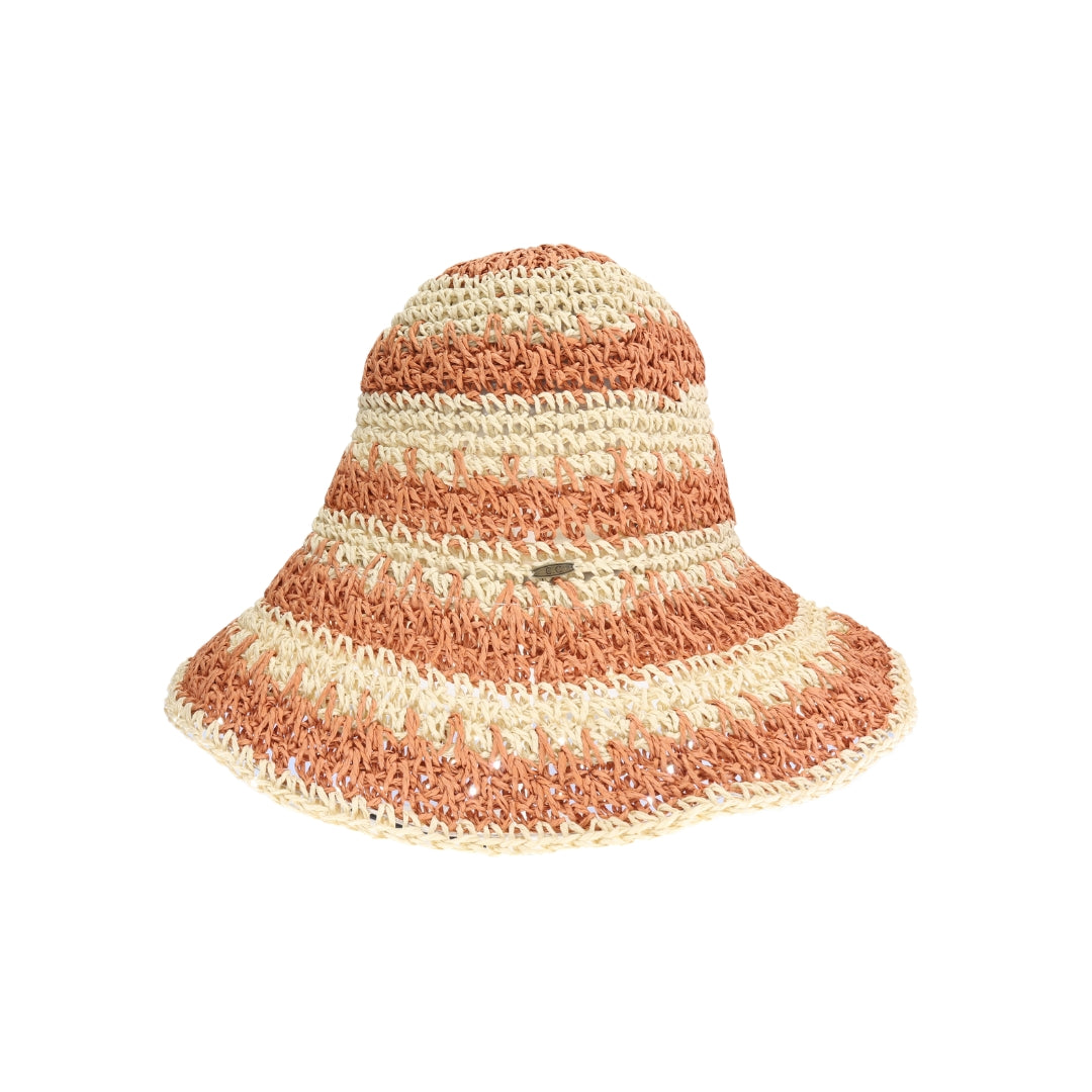 Broad Striped Paper Straw Hand Crochet C.C Bucket Hat ST4245