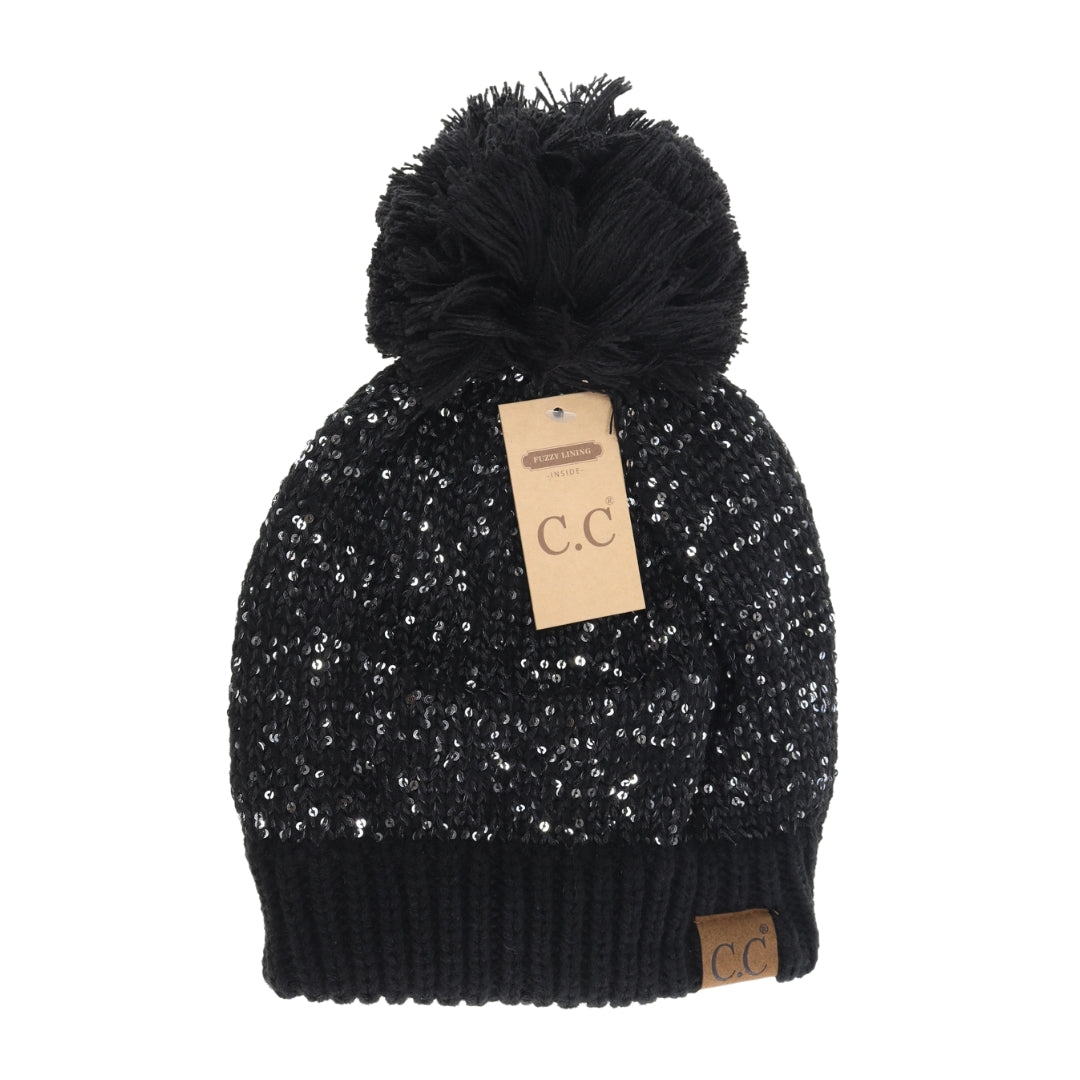 Fuzzy Lined Scatter Sequin Pom C.C Beanie HTE0034