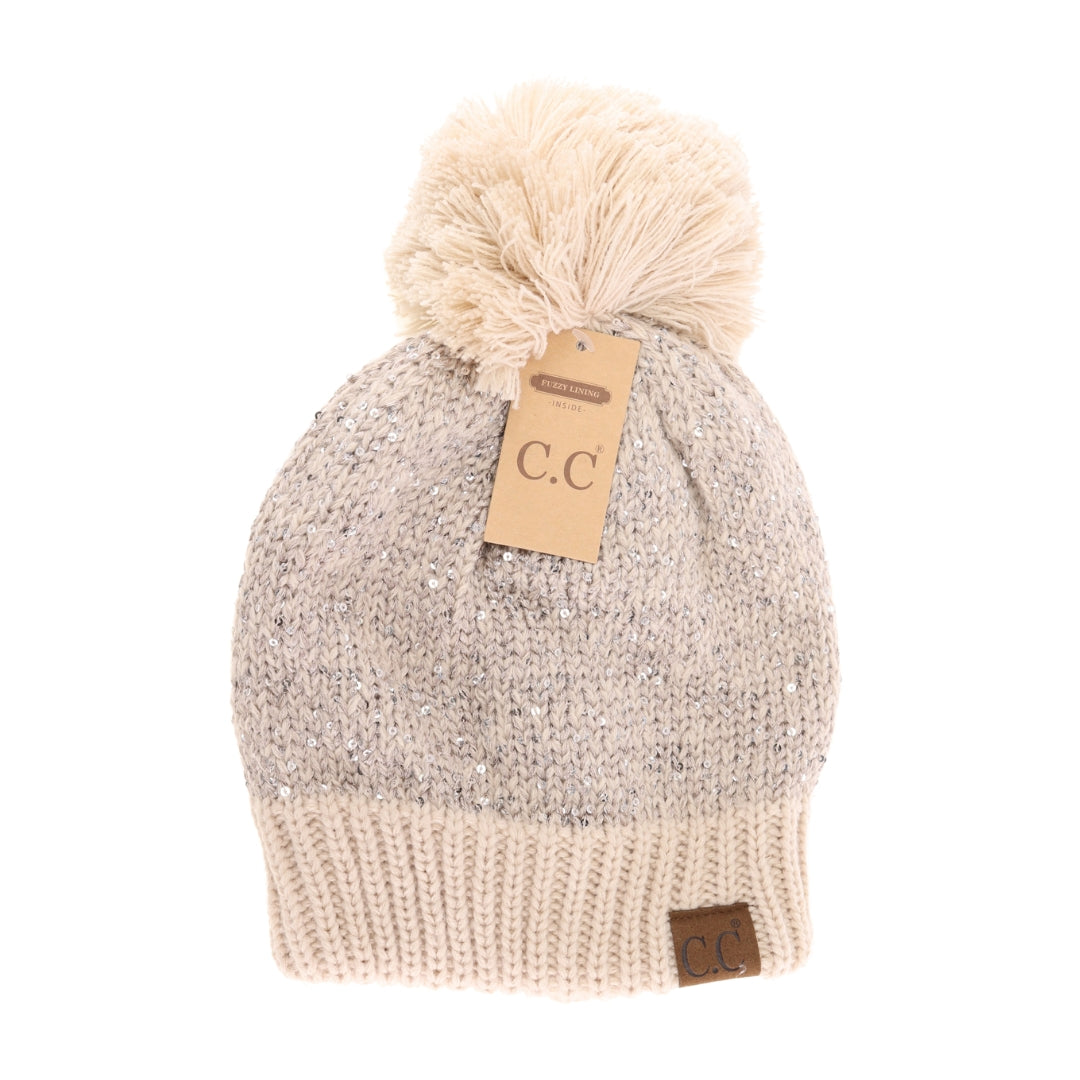 Fuzzy Lined Scatter Sequin Pom C.C Beanie HTE0034