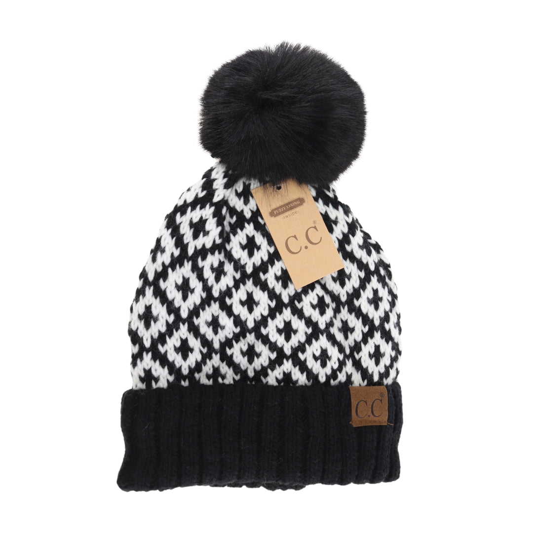 Fuzzy Lined Diamond Patterned Faux Fur Pom C.C Beanie HTE0022