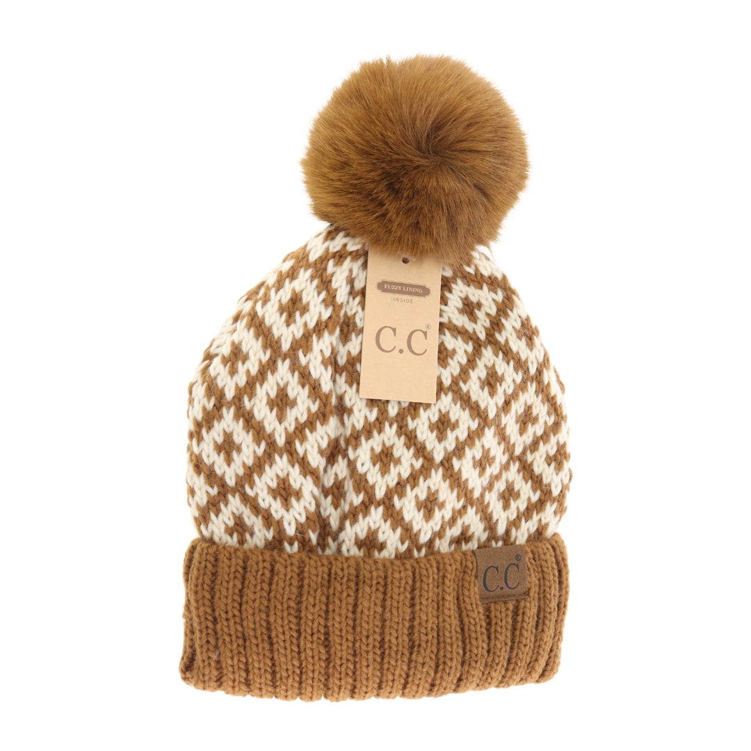 Fuzzy Lined Diamond Patterned Faux Fur Pom C.C Beanie HTE0022