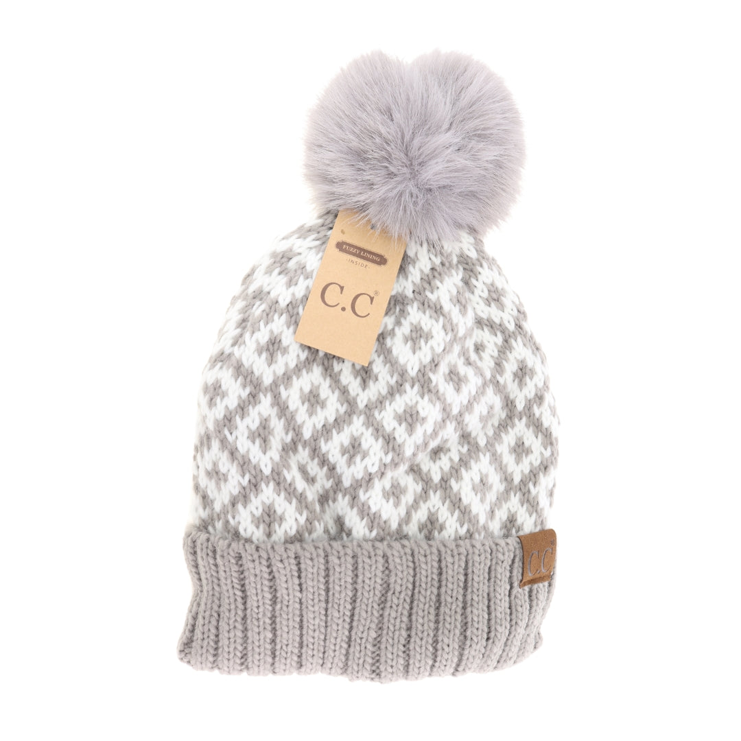 Fuzzy Lined Diamond Patterned Faux Fur Pom C.C Beanie HTE0022