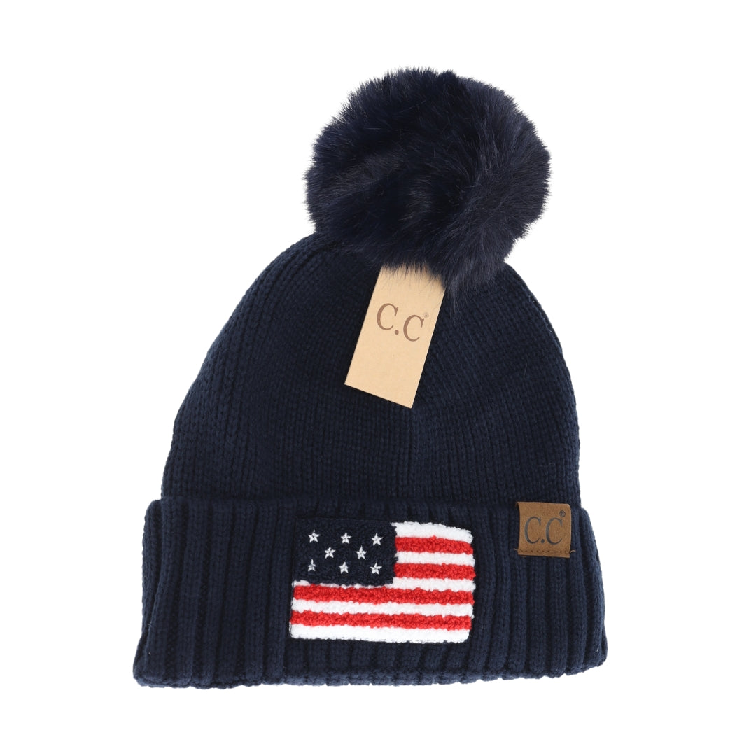 USA Chenille Patch Faux Fur Pom C.C Beanie HTE0056