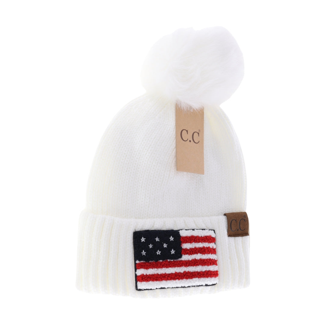 USA Chenille Patch Faux Fur Pom C.C Beanie HTE0056