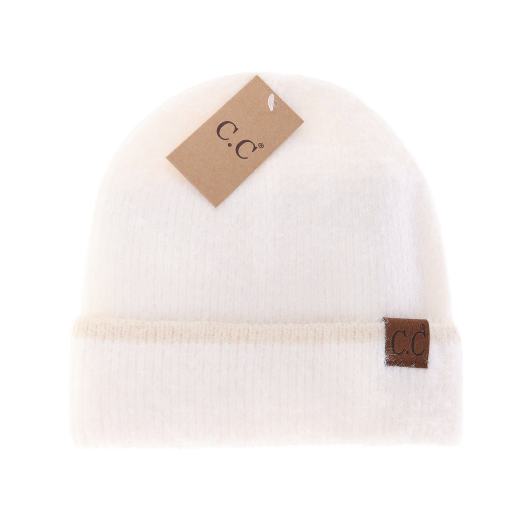 Soft Feather Yarn Striped Cuff C.C Beanie HTC0039