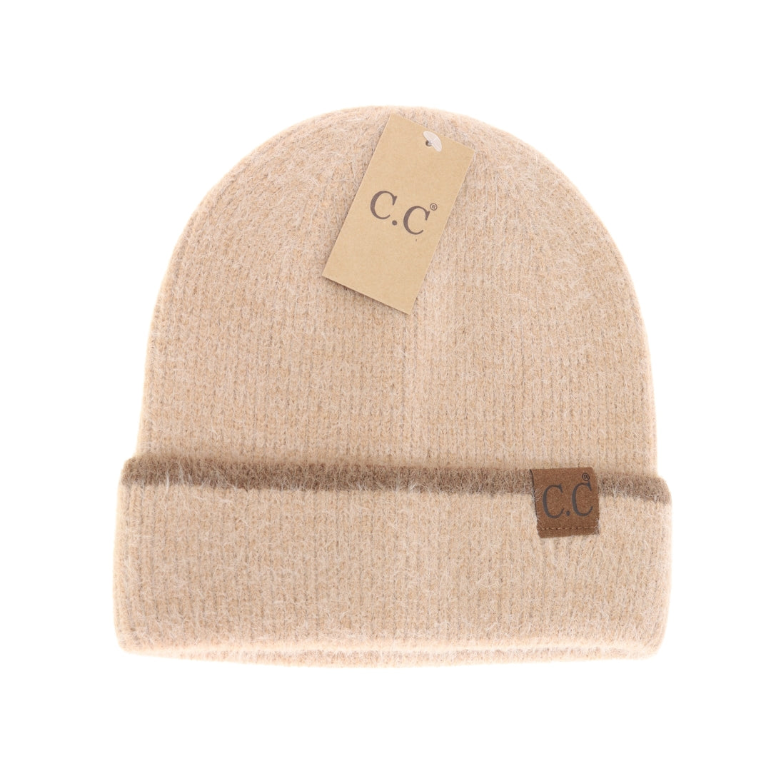Soft Feather Yarn Striped Cuff C.C Beanie HTC0039