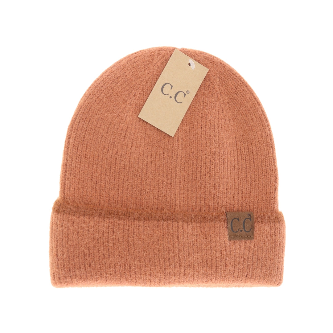 Soft Feather Yarn Striped Cuff C.C Beanie HTC0039