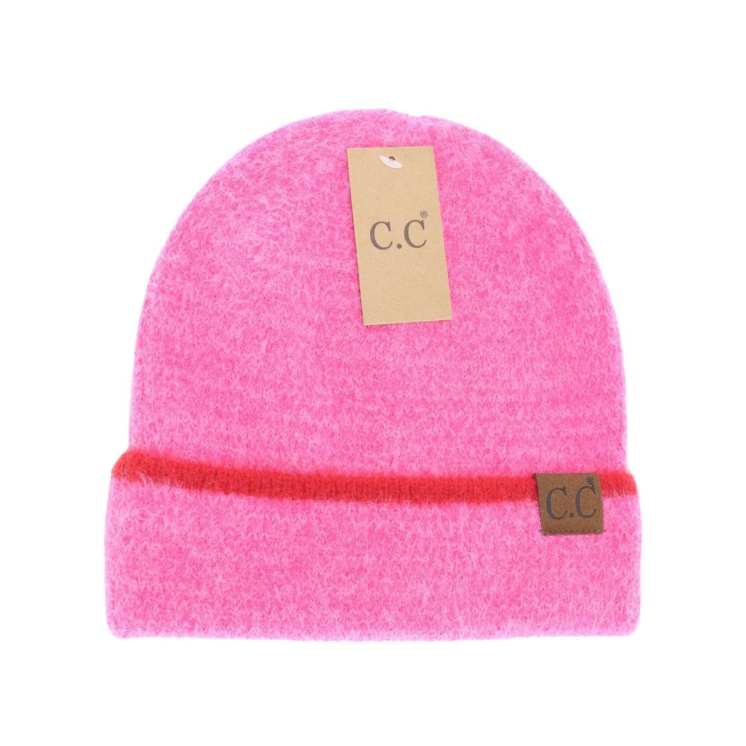Soft Feather Yarn Striped Cuff C.C Beanie HTC0039