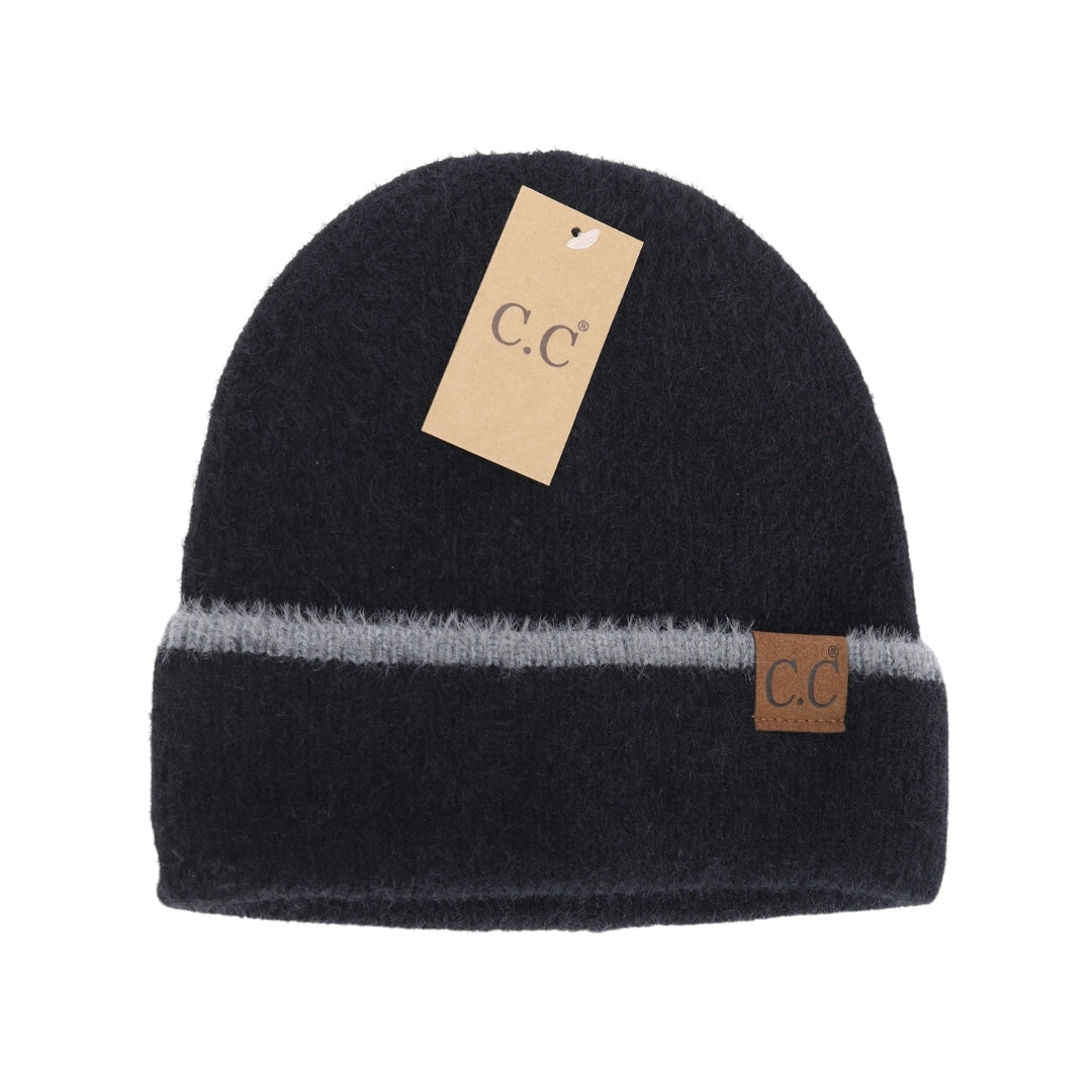 Soft Feather Yarn Striped Cuff C.C Beanie HTC0039
