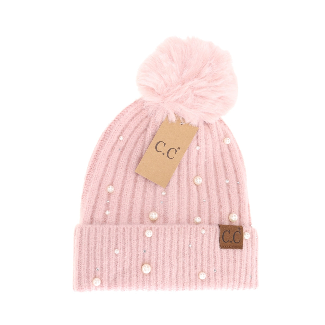 Pearl Embellished Faux Fur Pom C.C Beanie HAT4008